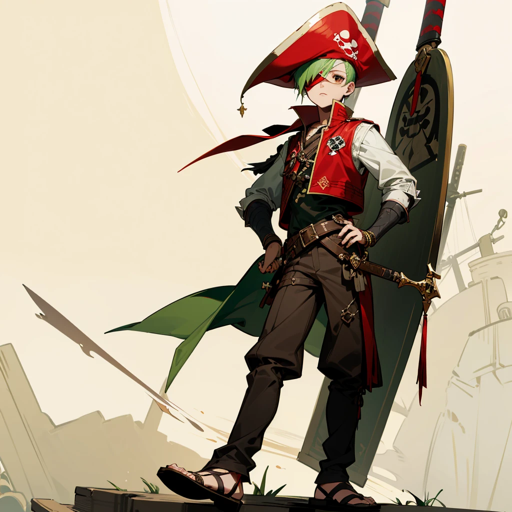 1boy, Full body version, 1character, brown eyes, albino skin, pirate eye patch, buzz cut hairstyle, green colour hair, flat facial expression, small eyes, red pirate hat, templar knight clothing, brown colour clothing, ancient Greek sandals, dagger knife in hand, buckler in hand, armor vest, Grassroots background in Pirate Ship