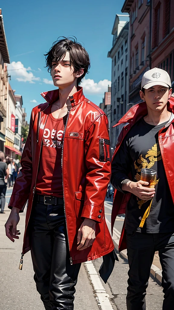 Dark-haired boy of medium height, carrying a slime that comes out of his neck and runs down his shoulder, the boy talks to the slime, wearing a red jacket with black and gold details, black pants and a red t-shirt with a black dragon print, walking style, shaven hair, strong bodie, traces of mana exuding in semi-transparent color.