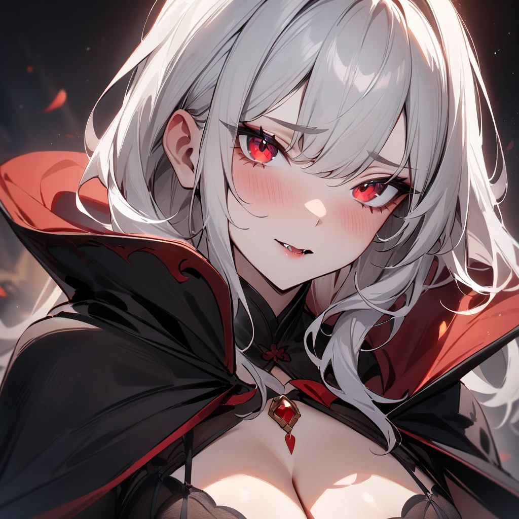 nsfw,1 girl,White hair,red eyes,独奏,portrait,Cleavage,masterpiece, best quality, very aesthetic, absurdres masterpiece, best quality, very aesthetic, absurdres masterpiece, best quality, very aesthetic, absurdres,looking at viewer,vampire,Black Cape