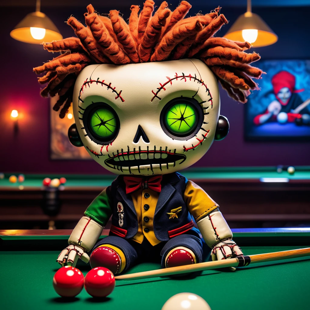 (knitted toy voodoo doll:1.5), (Voodoo at Billiards Hall:1.3), (Clothing: casual outfit:1.0), (Accessories: pool cue, chalk:1.1), (background: lively billiards hall with floating balls, glowing tables, and focused players:1.2), best quality, masterpiece, detailed soft oil painting, detailed background, dramatic cinematic lighting, soft edge lighting, professional, dramatic lighting, hard edge lighting, ultra quality, 4k,masterpiece, best quality, 8k, ultra highres, highres, extremely detailed