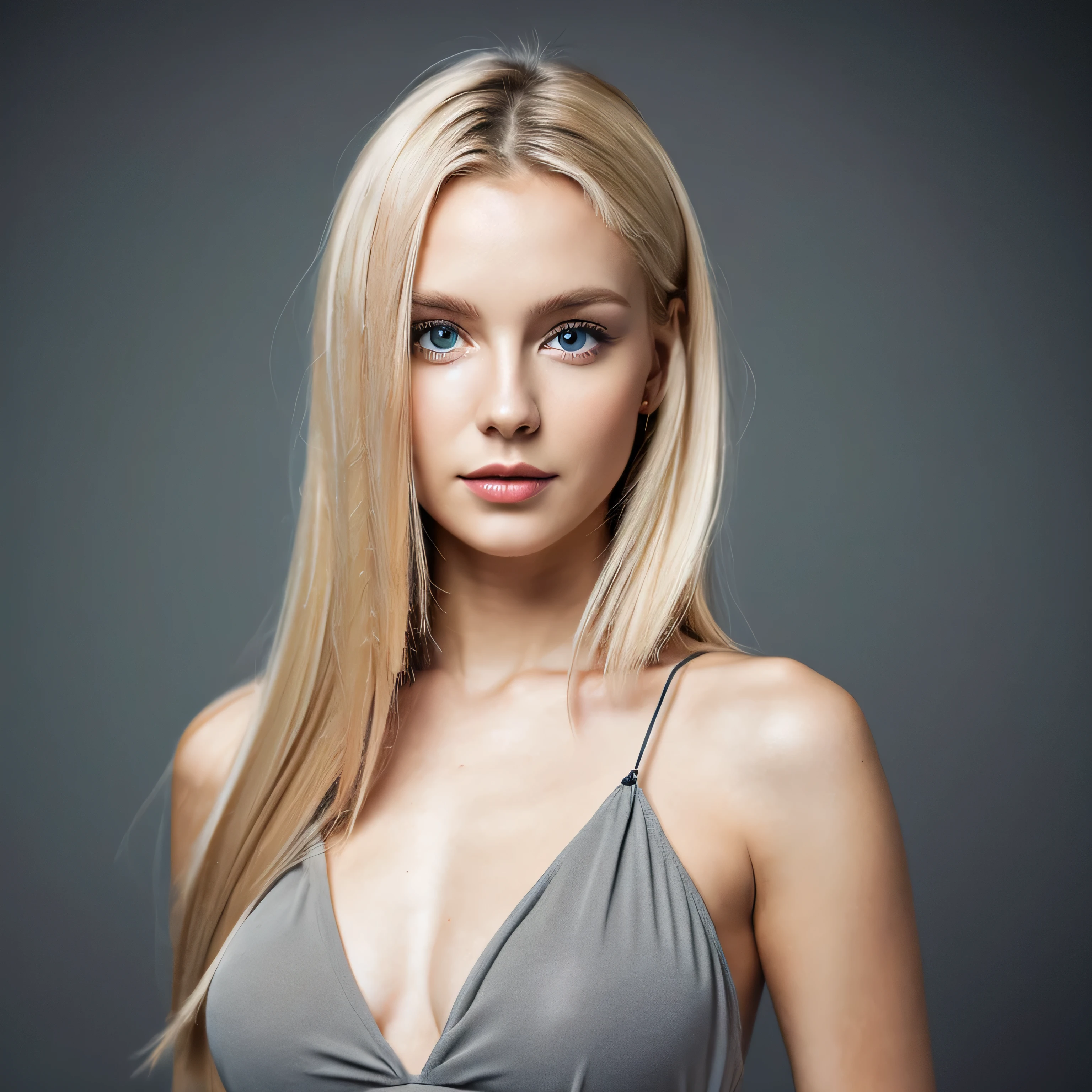a girl in her early 20s, standing in a grey studio, from russia, blonde hair, extremely beautiful, wearing a black dress