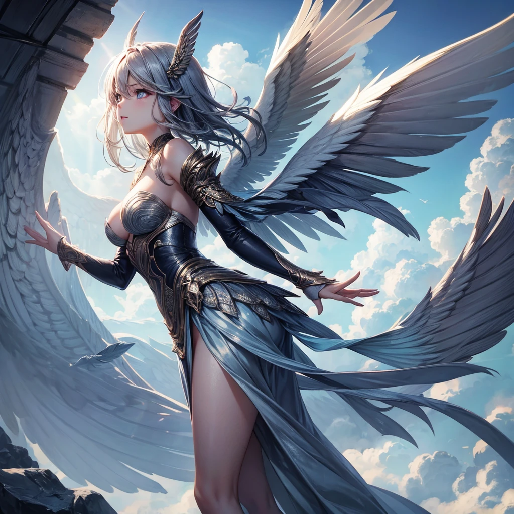 Prompt: 
An otherworldly and mysterious creature, "Jingwei" stands tall and proud, with her long flowing hair billowing around her. She has a gaze that penetrates the soul, and her powerful wings spread majestically behind her. The intricate details of her feathers and the subtle glow of her eyes make for an ultra-detailed CG artwork that has a rich and fantastical vibe. The backdrop is a surreal landscape with a blend of the ethereal and earthly elements, featuring clouds, water, rocks, and other natural elements. The lighting creates a sense of otherworldliness with an emphasis on the mysterious and mystical qualities of the scene.