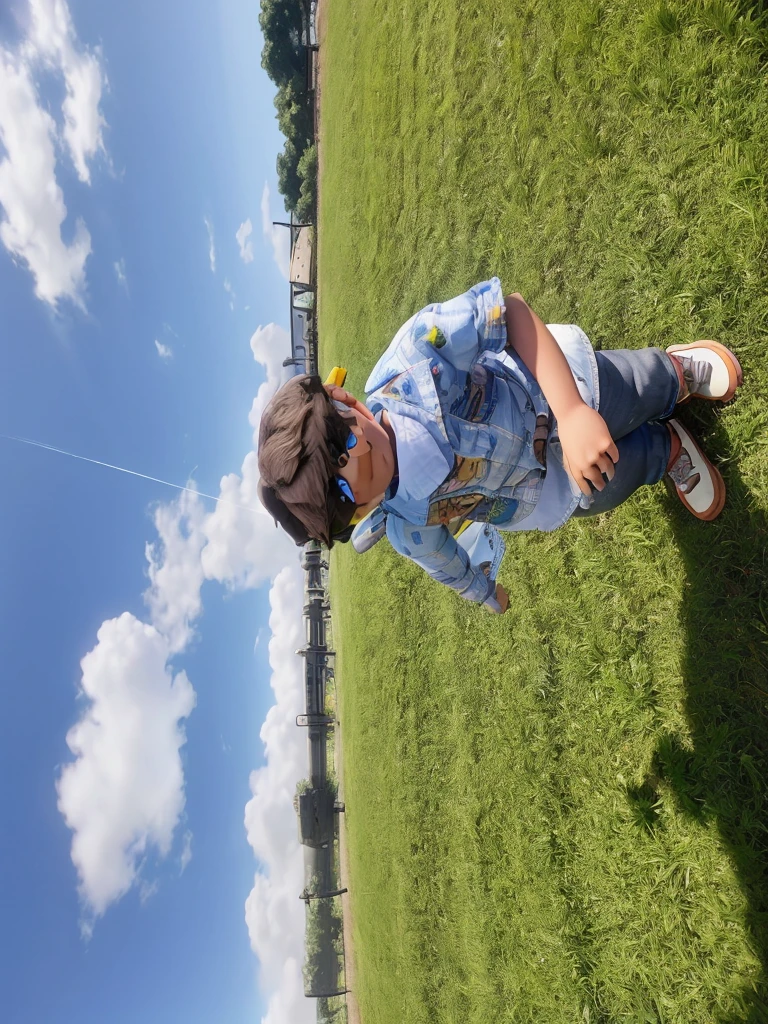 a boy playing in the field, Pixar-style, high qualiy, best qualityer