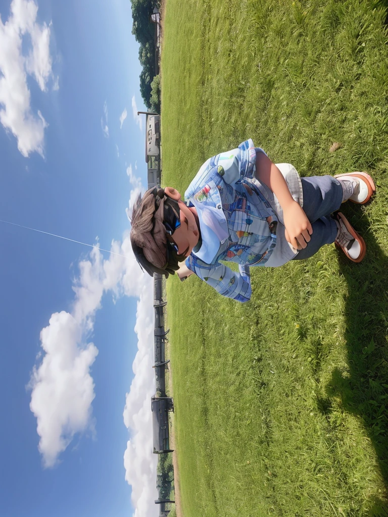 a boy playing in the field, Pixar-style, high qualiy, best qualityer