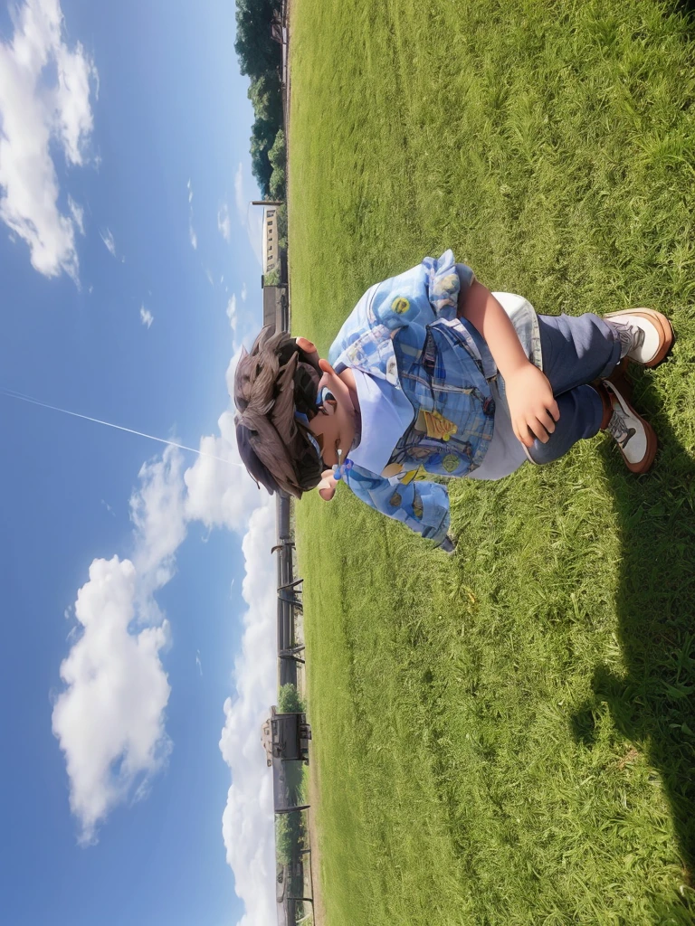 a boy playing in the field, Pixar-style, high qualiy, best qualityer