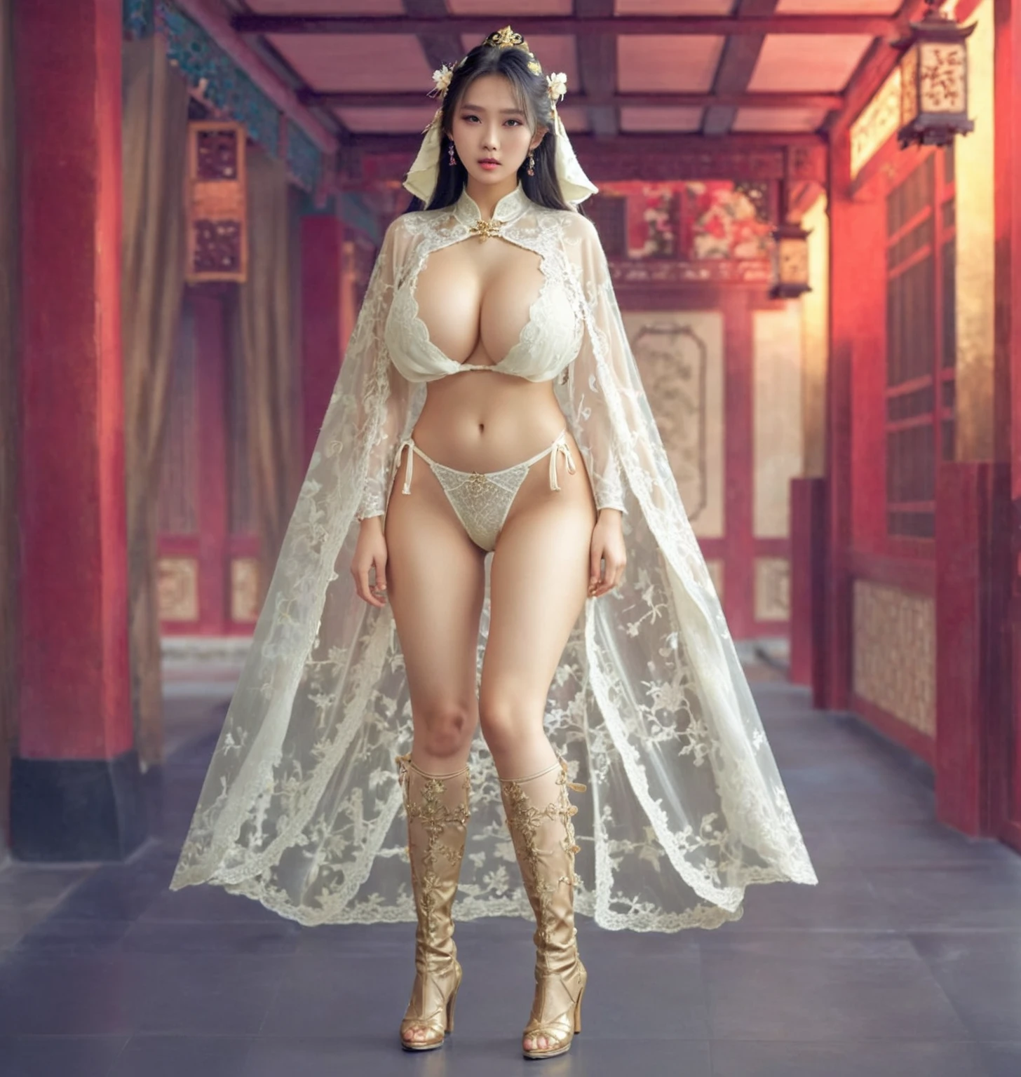 Chinese girl, Full body fairy, ((美丽的fantasy皇后)), princess knight, long hair, Chinese Hanfu, Sexy patterned gold and white bikini, Long-legged girl, Put on your boots, ,full body xianxia, Huge breasts，lewd expression, Strong sexual desire，High, Sexual thirst，Sexual need, fantasy服装, Transparent underwear, Lace underwear, nearly nude,Wearing a long cape, Lace cape，穿着fantasy服装, Real 8000g，Impeccable，masterpiece，Professional artwork，masterpiece，Light，bloom，Perfect face，Pretty Face，fantasy，Wonderful and magical，not real，Intricate details，Beautiful pattern, sexual hunger, Strong sexual desire,