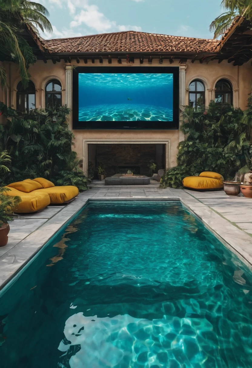 a close up of a pool in a house with a tv in the background, in a luxurious pool, next to a pool, a pool inside the giant palace, dreampool rooms, 🌻🎹🎼, in a swimming pool, ah yes, luxurious environment, dream pool, extremely realistic, art house film aesthetic, sitting in the pool, 😭 🤧 💔, really realistic
