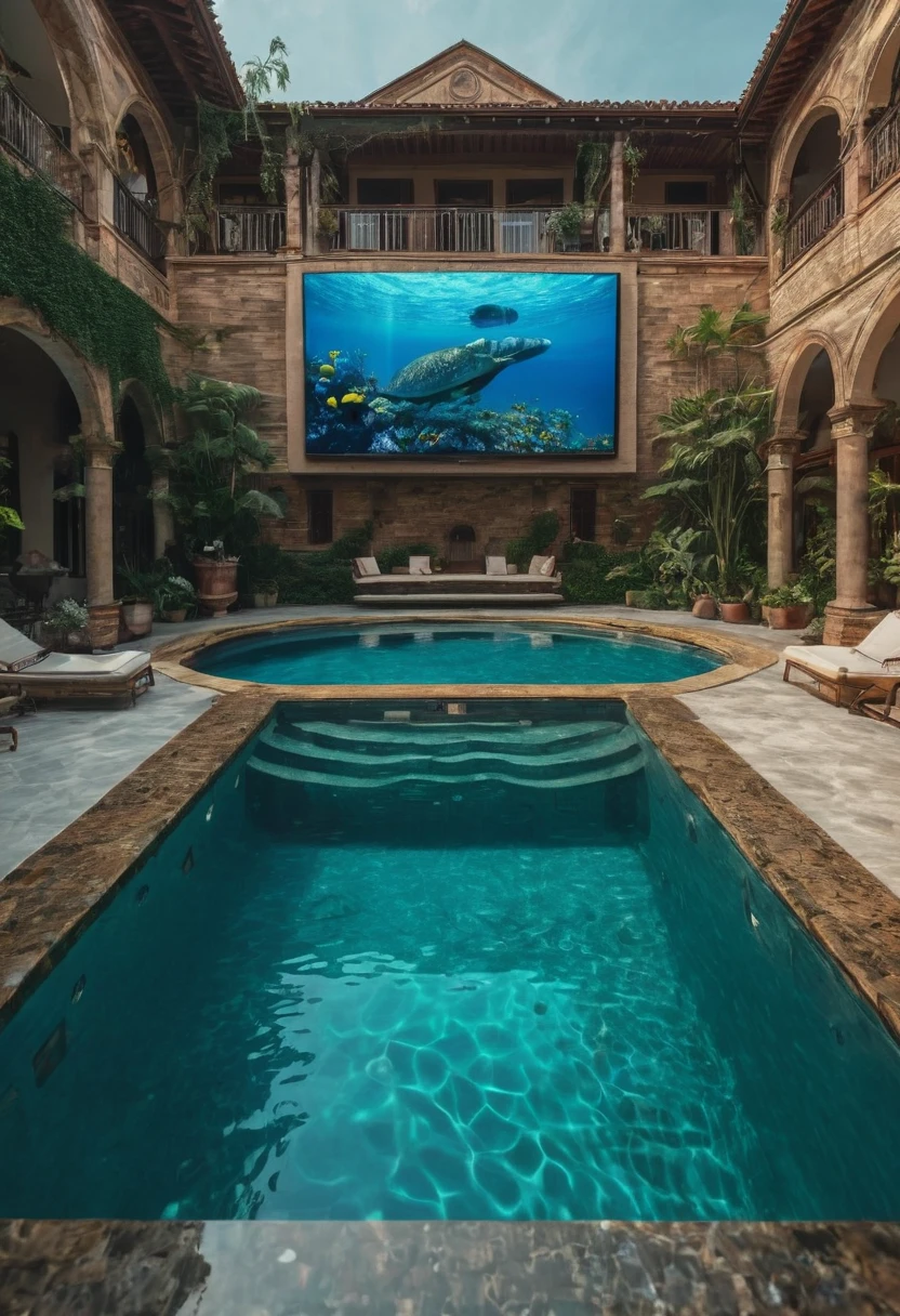 a close up of a pool in a house with a tv in the background, in a luxurious pool, next to a pool, a pool inside the giant palace, dreampool rooms, 🌻🎹🎼, in a swimming pool, ah yes, luxurious environment, dream pool, extremely realistic, art house film aesthetic, sitting in the pool, 😭 🤧 💔, really realistic
