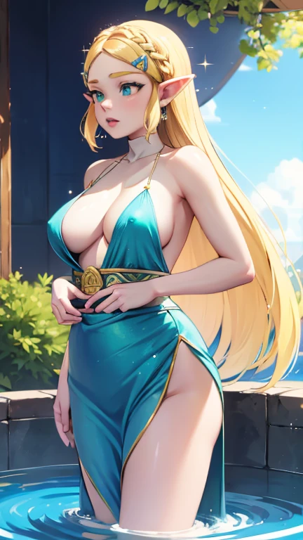 princess zelda, blonde very long hair, green eyes, wearing a sexy blue dress, side slit, ultrasharp, looking at the viewer, ((best quality)), ((masterpiece)), (detailed), perfect face, big breast, sexy body, sexy woman besides her, hugged, An anime scene of two girls hugging and kissing intensely, with hearts and sparkles floating around them as they stand in pool of water