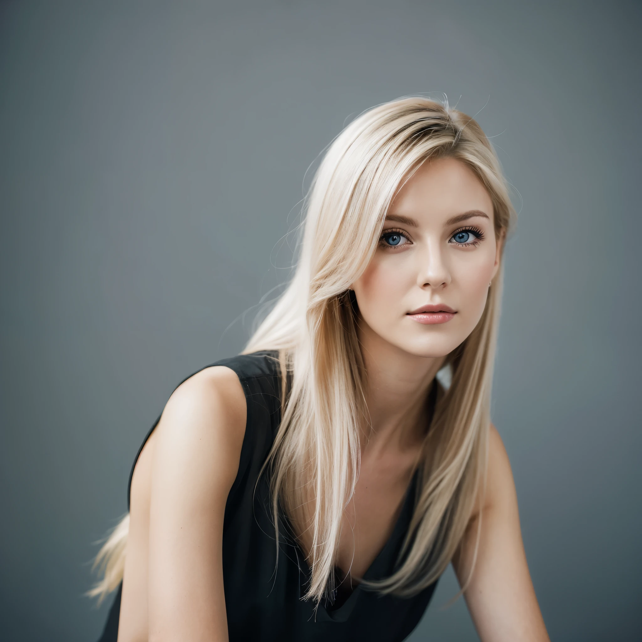 a girl in her early 20s, standing in a grey studio, from russia, blonde hair, extremely beautiful, wearing a black dress
