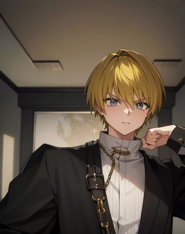 masterpiece, best quality, high quality, 1boy, solo, male focus, looking at viewer, upper body, kurapika, yellow hair, classic costume, black jacket, chains