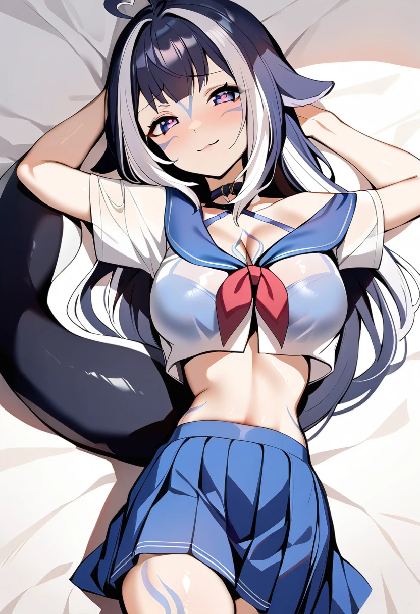 1girl,ShylilyFirst,blue skirt,shylily, cowboy shot,(best quality:1.1), (masterpiece:1.2), high quality shadow,detailed background,light smile,looking at viewer,laying on bed,front view