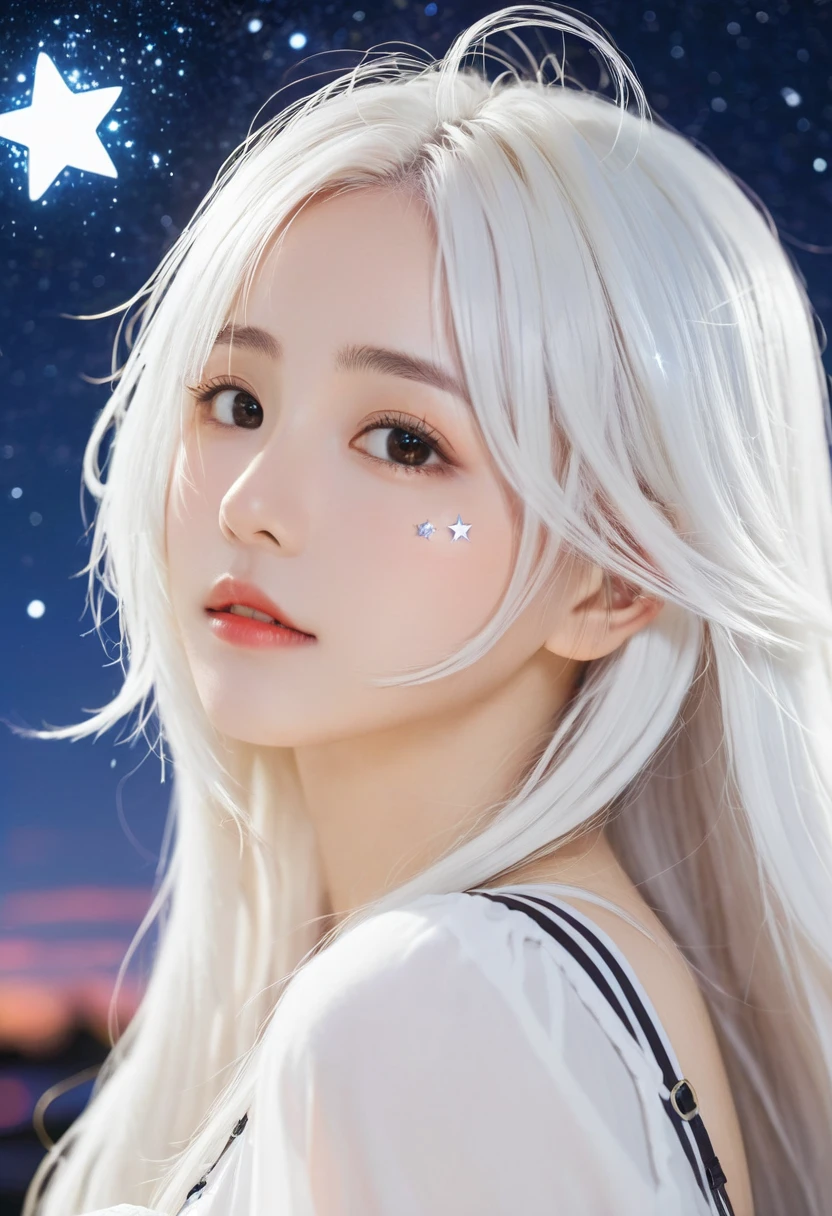 anime girl with long white hair and a star in her hair, white haired deity, anime girl with cosmic hair, star(sky) starry_sky, anime visual of a cute girl, splash art anime loli, white glowing aura, girl with white hair, ethereal anime, akasuki voidstar, celestial aura, nightcore, anime moe artstyle