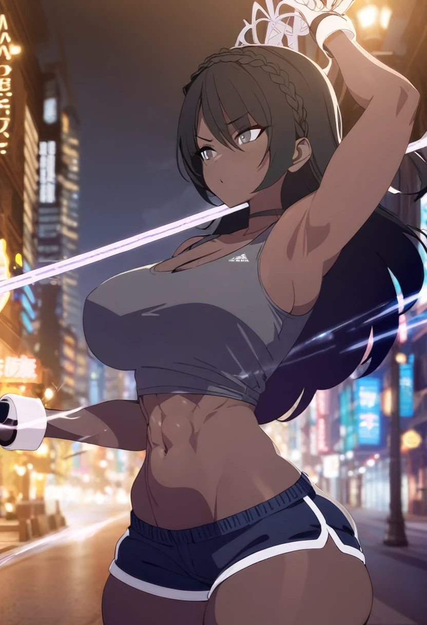 (One Girl,Black Hair,blackdarkskin,crown braid hair,Grey Eyes,Large Chest,Wide ass,Abdominal muscles)Tank top,Shorts、A girl using magic in the city at night