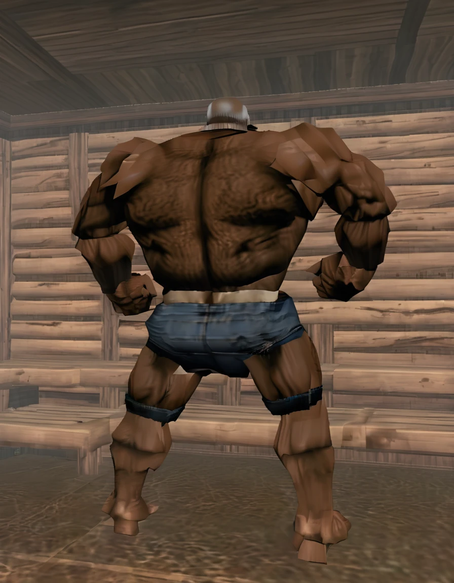 Full body shot of old giant sitting in sauna。Just as big，Too much muscle。The bronzed old man in shorts has a particularly large body。Strong and powerful, hard like a piece of iron, well-developed, full of strength, with a lot of flesh, and black skin。The whole body is getting bigger and stronger, black skin。