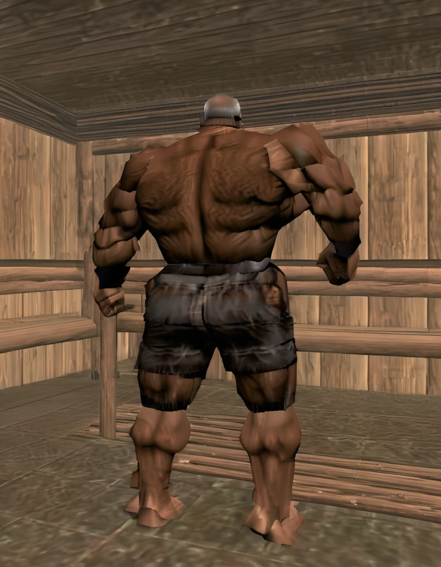 Full body shot of old giant sitting in sauna。Just as big，Too much muscle。The bronzed old man in shorts has a particularly large body。Strong and powerful, hard like a piece of iron, well-developed, full of strength, with a lot of flesh, and black skin。The whole body is getting bigger and stronger, black skin。