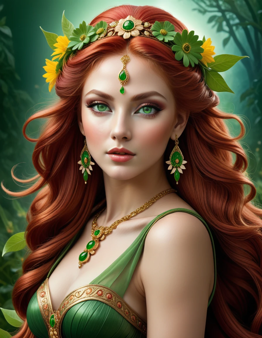 very beautiful portrait of a beautiful goddess, beautiful fantasy girl, Beautiful girl, The mythology of the goddess of the earth, beautiful fantasy portrait, flower goddess, red hair with green eyes detailed face, Russian folk style , in glazing technique , digital painting, glazing technique, 3D графика, HD,