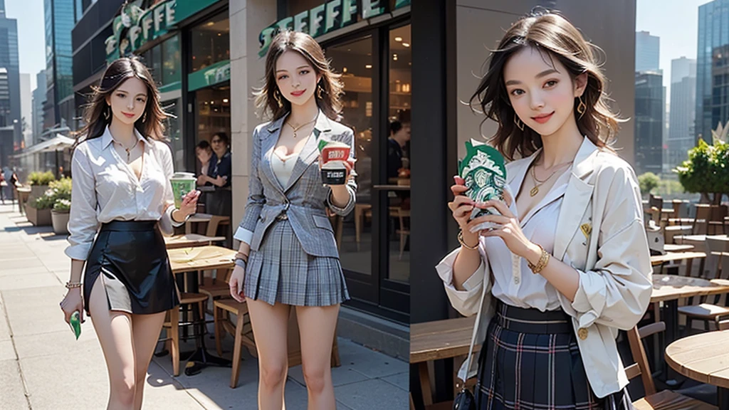 8K、RAW Photos、Highest quality、Super detailed、Super Resolution、Ultra HD、8K壁紙、Amazing details blazer uniform girl ((White blouse with formal collar, Blue Blazer, 
Red Check Skirt, Red checkered ribbon on blouse)), Complete limbs, Full Finger, 
((((((Starbucks outdoor cafe among skyscrapers))))))、((16 year old female student))、(((((Eat cake、Drink coffee、smile)))))、(((Heart Necklace、Gold bracelet)))
(((Emphasize cleavage)))
(((((Ferrari 488)))))
((((Full body photo、The whole body is visible、Full body portrait))))
