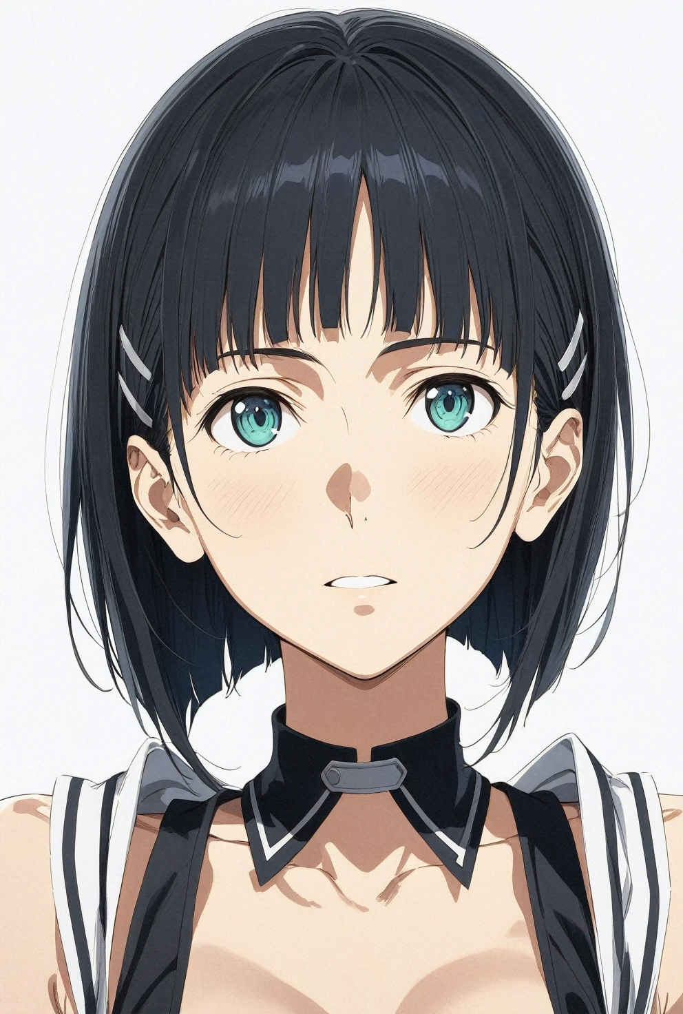 (masterpiece), (best quality), (ultra-detailed), very aesthetic, illustration, perfect composition, intricate details, absurdres, detailed face, (intricate),1girl, (kirigaya suguha, sword art online, green eyes, black hair, medium breasts), (realistic face:0.7), (narrowed eyes), nipple,perfect face, 4k, extremely detailed anime illustration,, enhanced details,cowboy shot,perfect anatomy,smooth skin, (gray background), cristal clear eyes, beautiful face,(anime style:1.5), (highres:2),