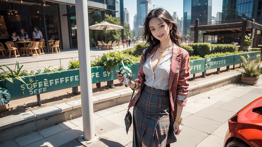 8K、RAW Photos、Highest quality、Super detailed、Super Resolution、Ultra HD、8K壁紙、Amazing details blazer uniform girl ((White blouse with formal collar, Blue Blazer,
Red Check Skirt, Red checkered ribbon on blouse)), Complete limbs, Full Finger,
((((((Starbucks outdoor cafe among skyscrapers))))))、((16 year old female student))、(((((Eat cake、Drink coffee、smile)))))、(((Heart Necklace、Gold bracelet)))
(((Emphasize cleavage)))
(((((Ferrari 488)))))
((((Full body photo、The whole body is visible、Full body portrait))))