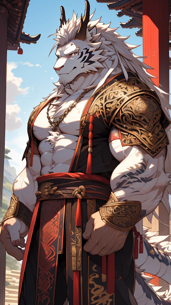 (masterpiece),(highres),(intricate details:1.4),extremely detailed,(illustration:1.2),8k,photorealistic,Anime headshot,exquisite,full body shot,aged,elder male eastern dragon,a mixture of eastern dragon and tiger,white fur,muscular,warrior,(naked upper body:1.4),(white hair:1.3),ancient Chinese armor,sexy 