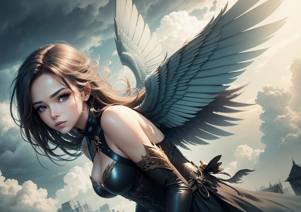 Dream concept, female angle, beautiful face and wings, in cloudy atmosphere,