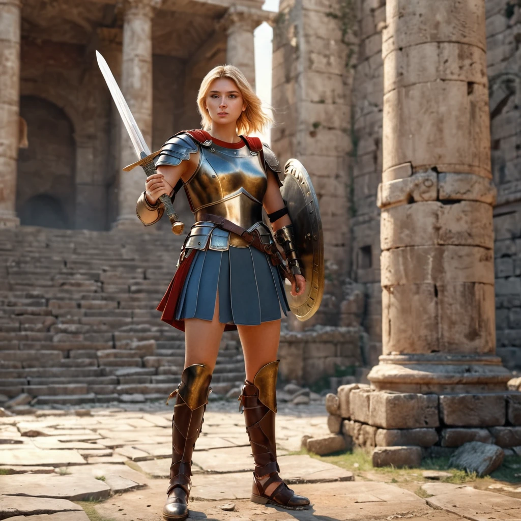 fullbody, stylish beautiful young women, round face, cymmetric eyes, beauty nose, light brown clean skin, wears soldier rome with armor, soldier rome shoes, one hand was raising a sword, luxurious blonde hair, ruins of a Roman empire background, high detail, intricate, masterpiece, sharp focus, depth of field, unreal engine, perfect composition, digital art on pixiv, artstation, hdr, 32k