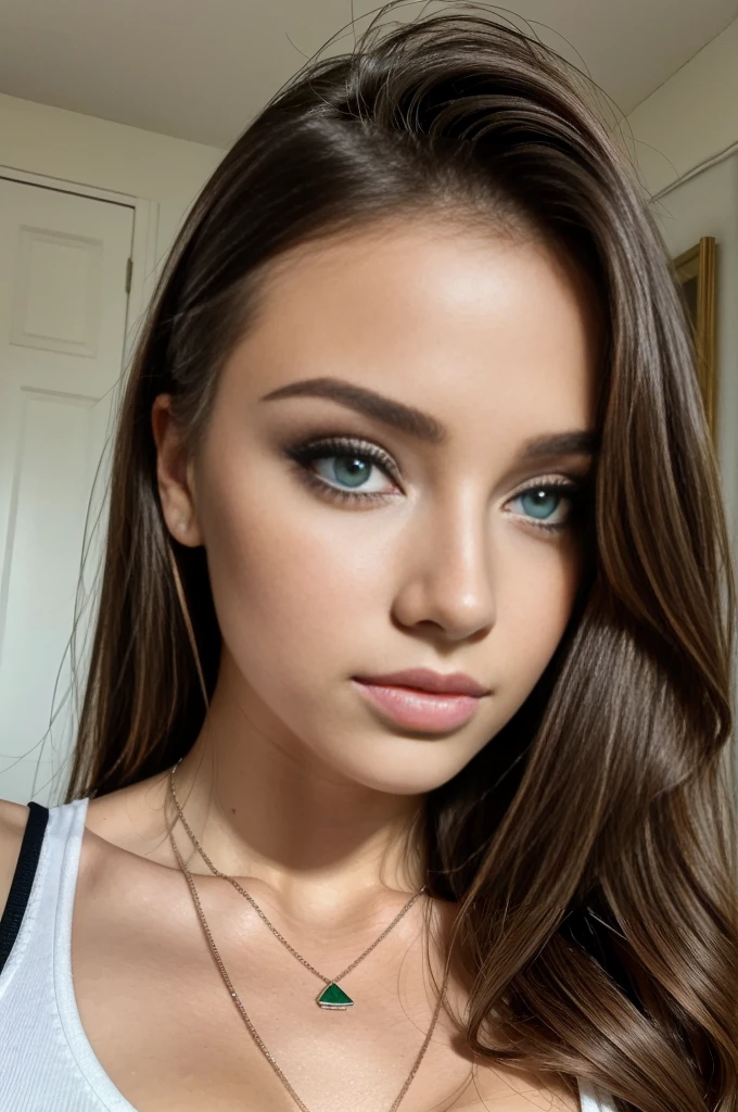 Arafed woman with a white tank top and necklace, fille sexy aux yeux verts, Portrait Sophie Mudd, cheveux bruns et grands yeux, selfie of a young woman, Yeux de chambre, Violet Myers, sans maquillage, maquillage naturel, looking straight at camera, Visage avec Artgram, Maquillage subtil, stunning closeupheadshot, piercing green eyes