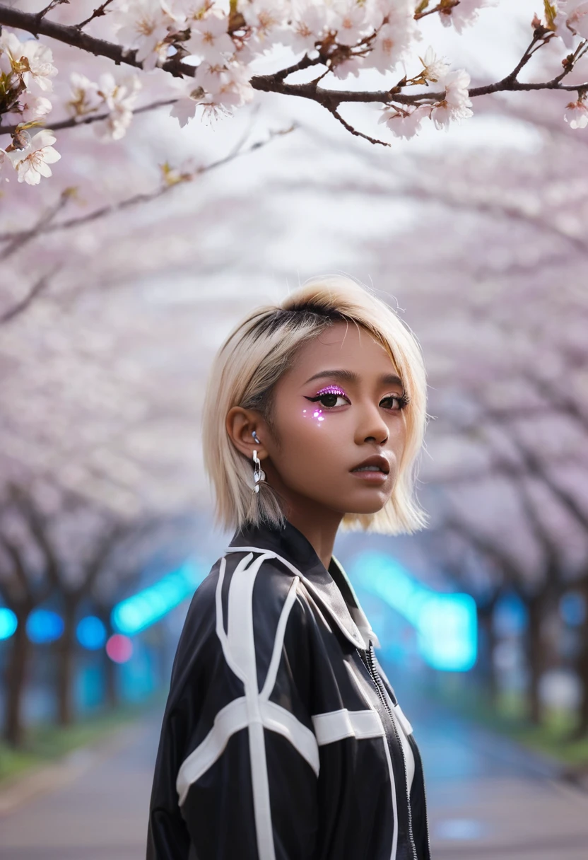 1 Girl, blond, cexist_ear, animal_ear, Solitary, dark_skin, Brown_skin, Foggy neon futuristic, Summer Jackets, Cherry Blossoms Falling, Portrait Style, Watching_exist_Viewer, cinemexistic lighting, Eyeliner, cosmetic, emotion, Very detailed, Wide-angle lens, Clear focus, Ring Light, Rim Light, ocBrowne render, Ring Light, Rim Light, Enwink Punk, Sandu Art