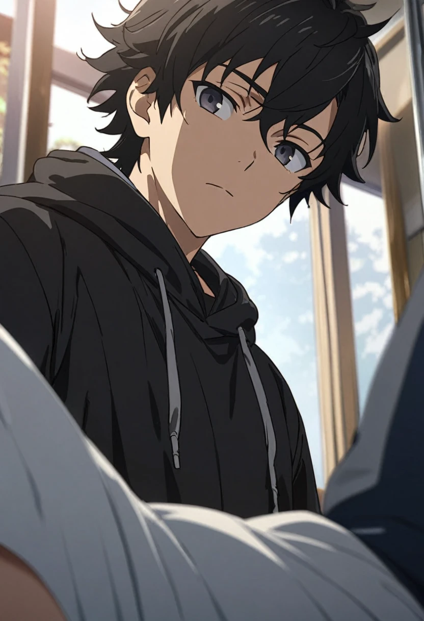 A highschool boy, handsome, perfect body, black hair, short hair, mullet black eyes, expressionless, black hoodie, anime, first-person view, masterpiece, anatomically correct, high details, highres, best quality, super detail, 1080P