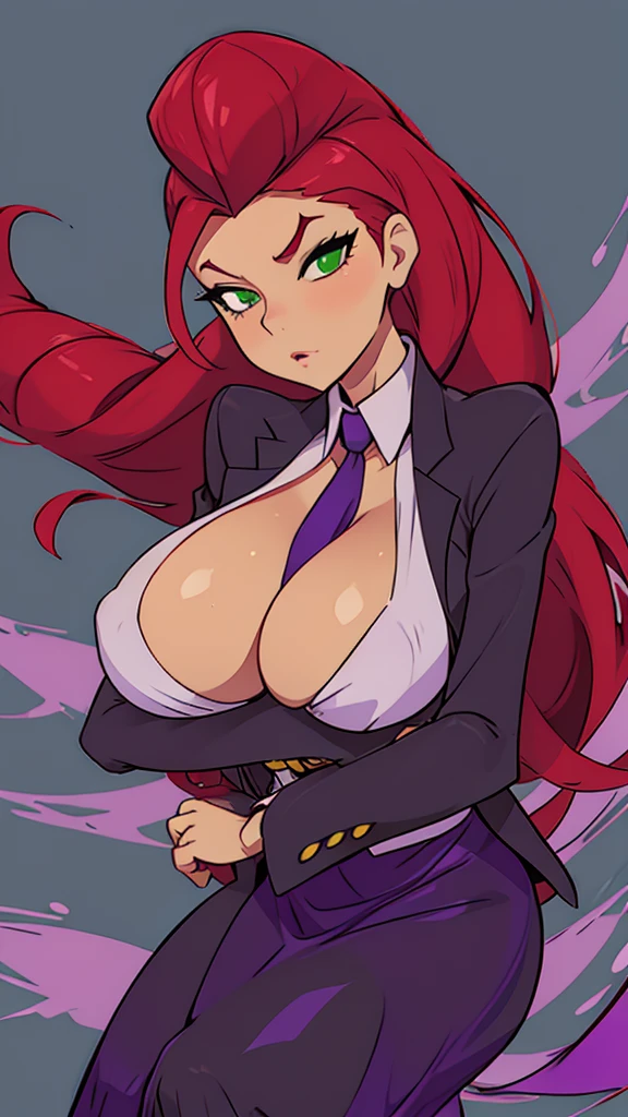 An attractive sexy hex girl with a big breast wears red hair, a tousled cut, her green eye, wears a purple button-down office coat and a long purple skirt with a black heel.