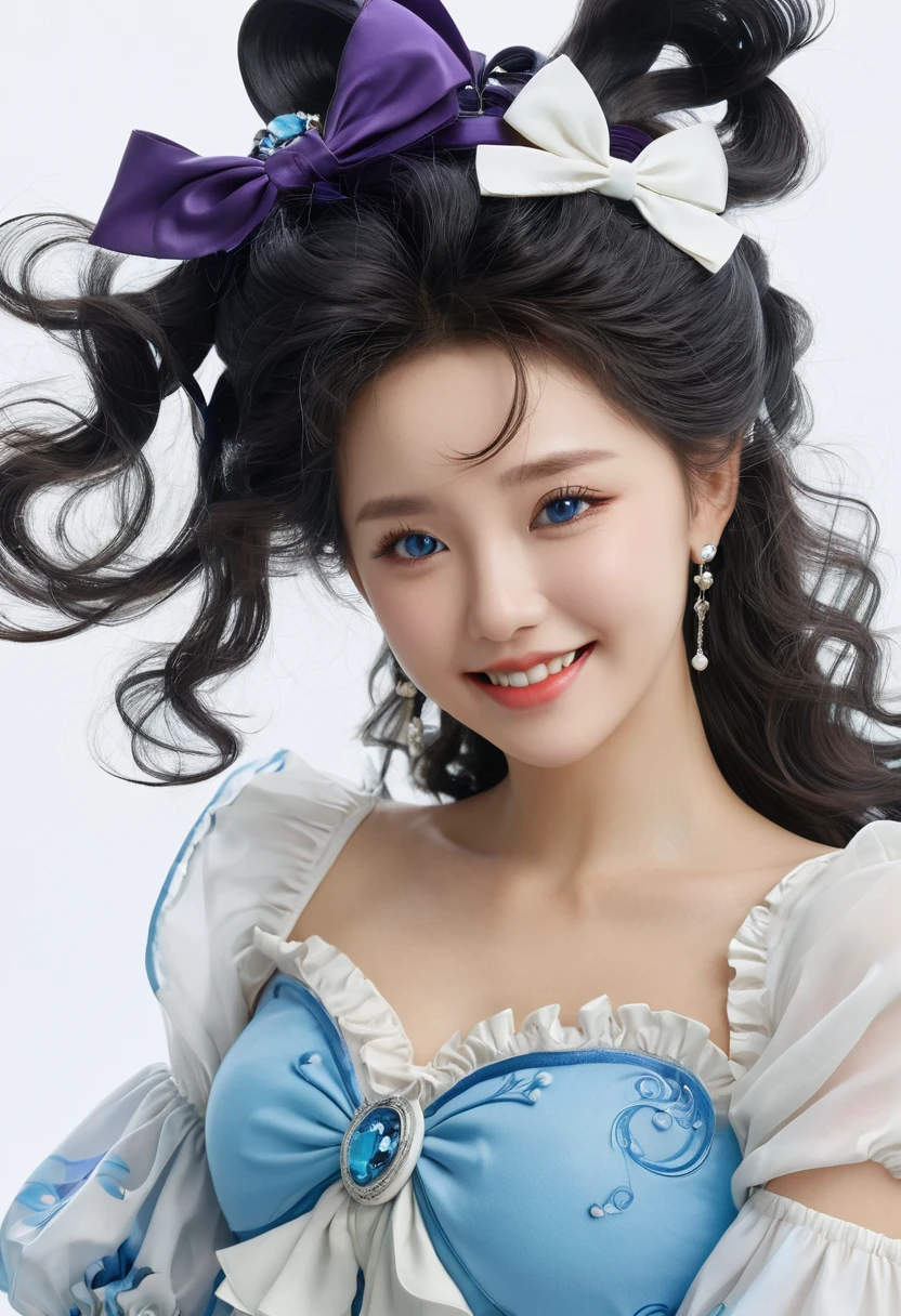 Korean,Practical, masterpiece, Final details, photo Practical, Intricate details, Octane Rendering, 8K, 1 Girl, Perfect face, Pretty Face, NSW Sports Federation, Slot Reference, Detailed hair,, black bow, black Gloves, Black Leg, blue eyes, Blue Hair, bow, clavicle, skirt, Drilling hair, Ruffles, Ruffles, Gloves, Gwen, headskirt, high resolution, Long hair, Open your mouth, Puff sleeves, Purple Eyes, Smile, Solitary, white skirt, Oily skin,
