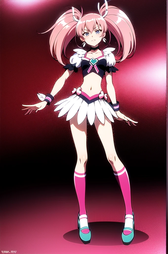 Cure Melody, navel, pink hair ribbon:1.2, hair band, pink thighs, pink shoes, wrist cuffs, twin tail, anime coloring, best quality,  looking at viewer, alone, contrast, spread one&#39;s armpits, arms behind head, put hands on hips, laugh, looking at viewer, portrait, closed mouth, tight latex miniskirt, (((Lift up your skirt and show your pussy))), (((spread legs)))