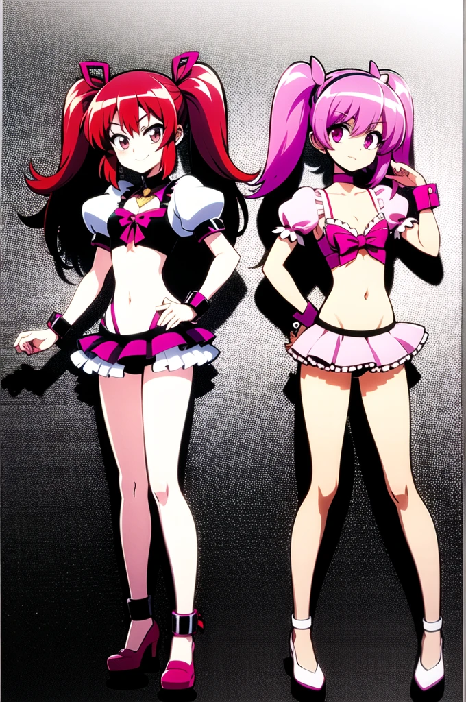 Cure Melody, navel, pink hair ribbon:1.2, hair band, pink thighs, pink shoes, wrist cuffs, twin tail, anime coloring, best quality,  looking at viewer, alone, contrast, spread one&#39;s armpits, arms behind head, put hands on hips, laugh, looking at viewer, portrait, closed mouth, tight latex miniskirt, (((Lift up your skirt and show your pussy))), (((spread legs)))