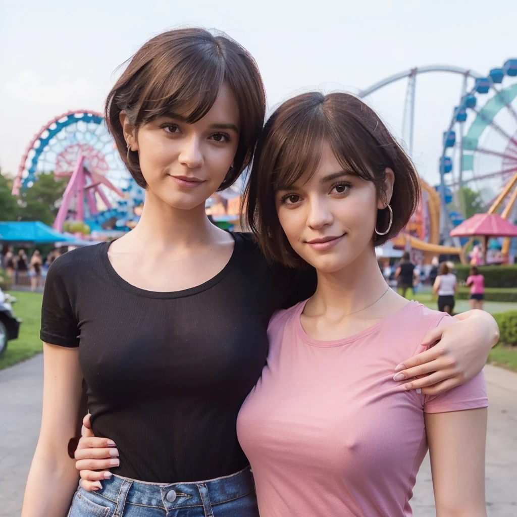full body shot, 3D realistic photo, a 30 year old woman with short, parted hair wearing a black t-shirt and a tall body is carrying a 30 year old woman, shoulder length hair, wearing a pink t-shirt. amusement park background.