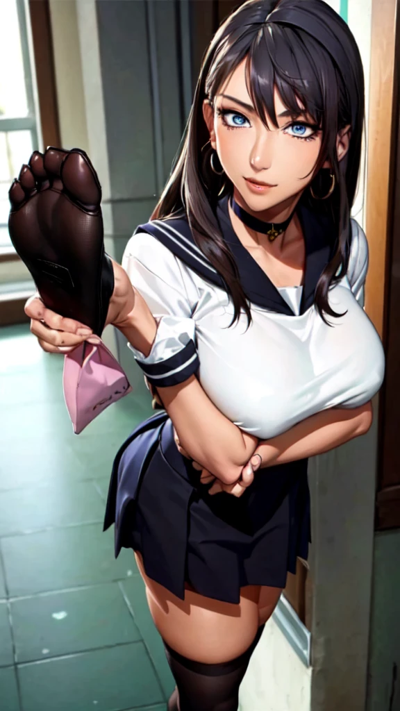 ((Correct Anatomy)),(Detailed image quality),(Female )、((school uniform))、((Sailor suit))、(Mini Pleated Skirt),(((Black Stockings))),((School Uniform)),((standing)),Ultra-high resolution,Mature Woman, Mature Woman, Very detailed,Sunburned skin,Brown Skin,((Beautiful legs)), (Big Breasts),((Beautiful feet)),Perfect hands, Detailed fingers, Beautiful details, ((Long, long hair)),((Sexy pose)),Black Choker, Earrings,loafers,Perfect Eyes, Captivating eyes,(School stairs)