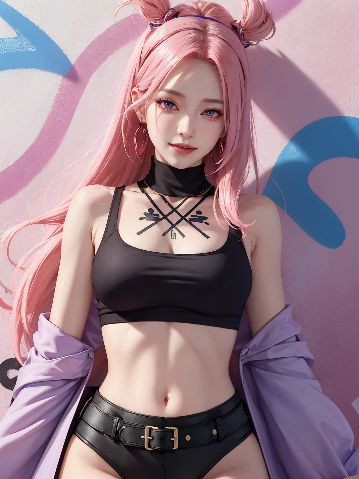 (Masterpiece, best quality, 1 girl, alone, complicated details, Chromatic aberration), realistic, ((Moderate breath)),long hair, pink hair, Red headpiece, Pink Highlights, hair on one eye,purple eyes, earring, sharp eyes, choker, Neon coat, She wears a collar, bangle, and kimono style garters., crop top, (symmetrical eyes),(Perfect symmetrical body),against the wall, Brick wall, (colorful graffiti words on the wall:1.2), The light is dim., alley ,Look at the viewer.、Dig the chest、smile、(sleeveless、Navel touch、Fitted turtleneck.)、street string hot pants、Thin bottom、Please build above the eaves..、Thin shoulders、in sportbar、