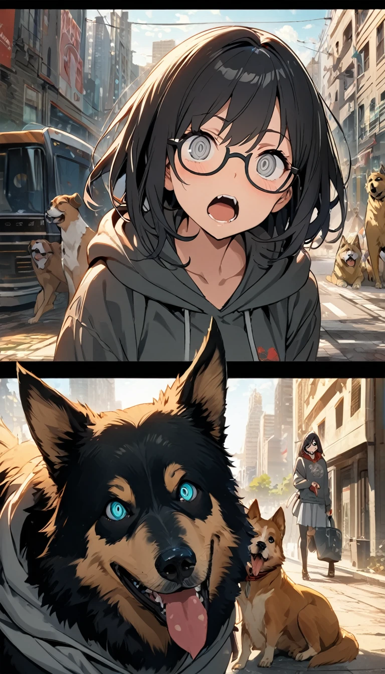 1 Girl, beautiful girl, alone, Mid-length hair, Black Hair, Grey Eyes, No highlights in the eyes , (Canine, Open your mouth:1.6), (Wear glasses, Sharp eyes, Facial Contour, View your viewers:1.4), (hoodie :1.4), Crazy smiling eyes, hoodie, city, noon, (masterpiece:1.4), bright, comics, anime, masterpiece, Super detailed, 8K, masterpiece, Highest quality, evaluation: general, up to date
