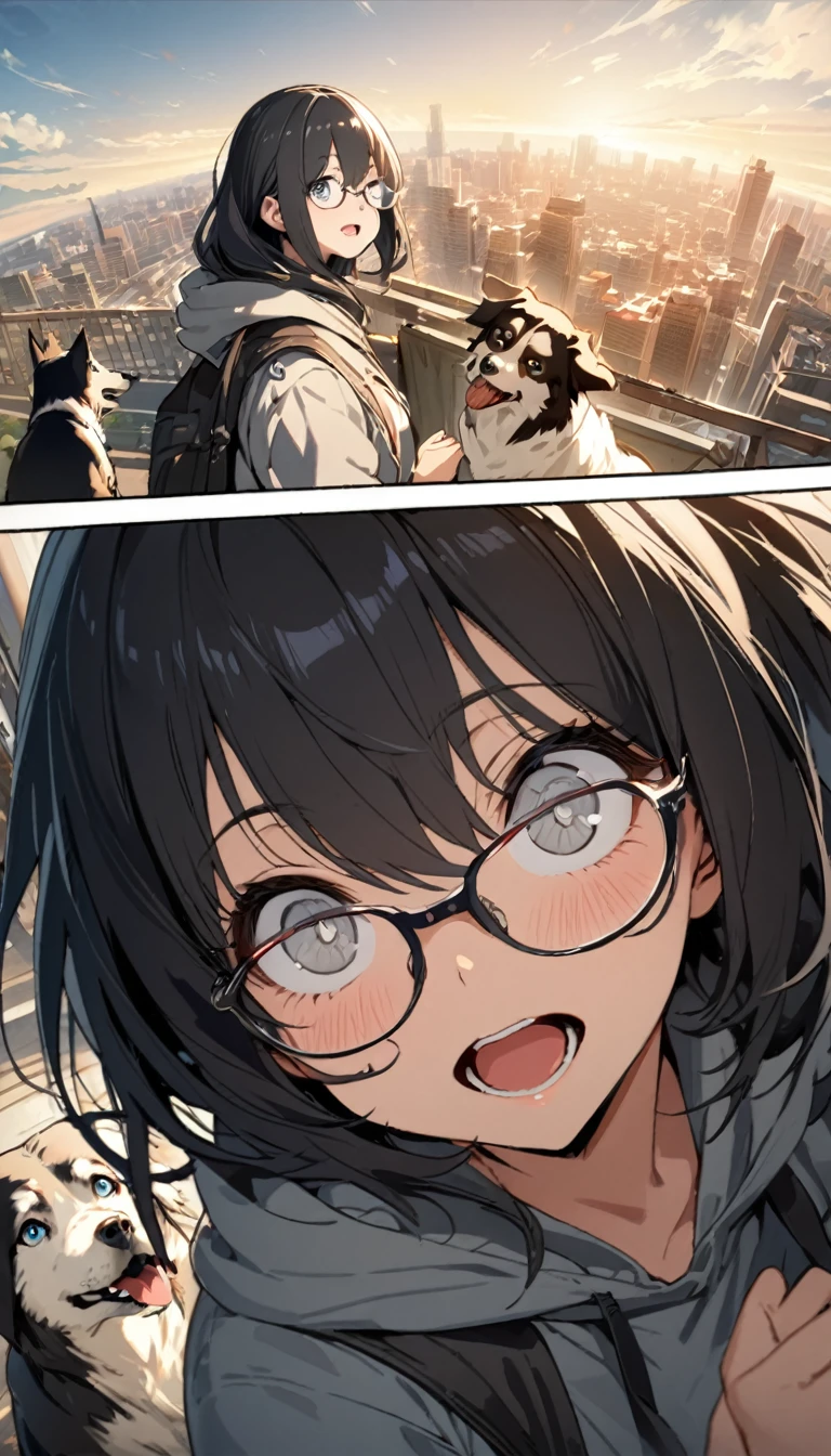 1 Girl, beautiful girl, alone, Mid-length hair, Black Hair, Grey Eyes, No highlights in the eyes , (Canine, Open your mouth:1.6), (Wear glasses, Sharp eyes, Facial Contour, View your viewers:1.4), (hoodie :1.4), Crazy smiling eyes, hoodie, city, noon, (masterpiece:1.4), bright, comics, anime, masterpiece, Super detailed, 8K, masterpiece, Highest quality, evaluation: general, up to date