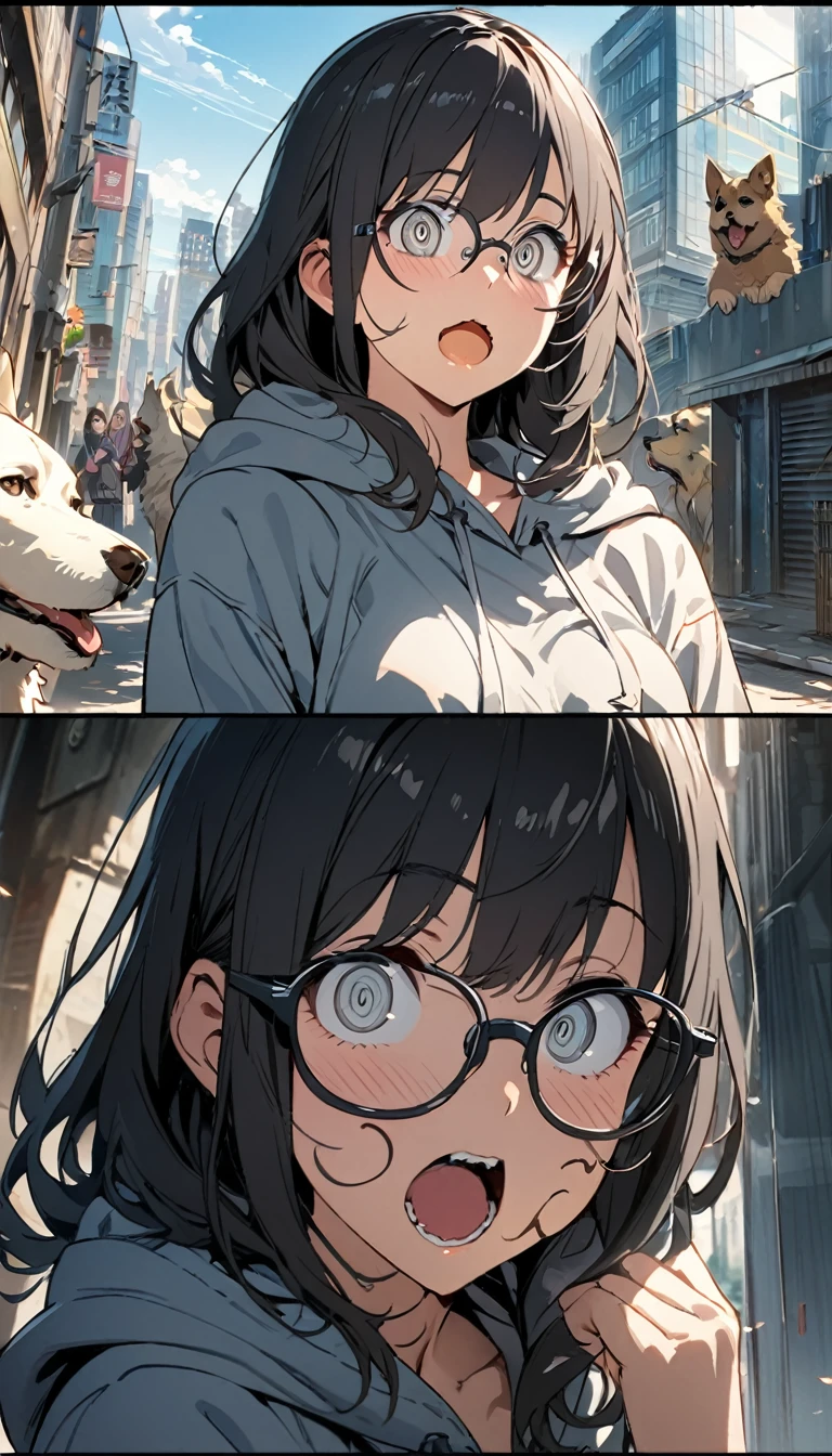 1 Girl, beautiful girl, alone, Mid-length hair, Black Hair, Grey Eyes, No highlights in the eyes , (Canine, Open your mouth:1.6), (Wear glasses, Sharp eyes, Facial Contour, View your viewers:1.4), (hoodie :1.4), Crazy smiling eyes, hoodie, city, noon, (masterpiece:1.4), bright, comics, anime, masterpiece, Super detailed, 8K, masterpiece, Highest quality, evaluation: general, up to date