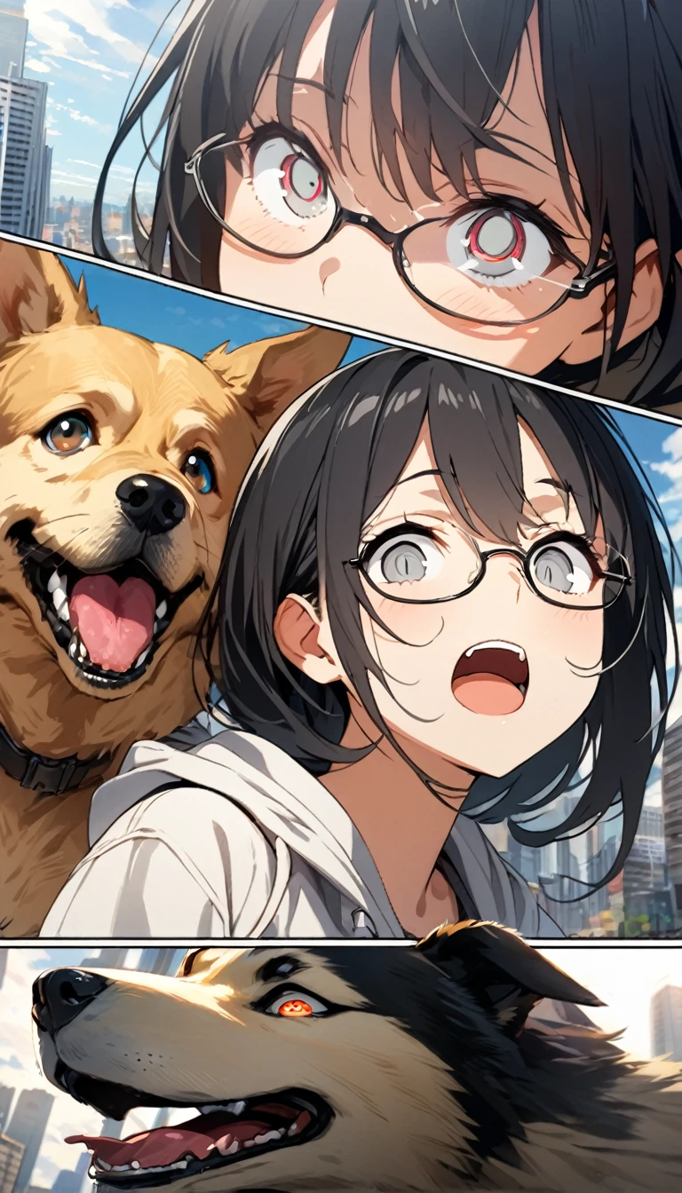 1 Girl, beautiful girl, alone, Mid-length hair, Black Hair, Grey Eyes, No highlights in the eyes , (Canine, Open your mouth:1.6), (Wear glasses, Sharp eyes, Facial Contour, View your viewers:1.4), (hoodie :1.4), Crazy smiling eyes, hoodie, city, noon, (masterpiece:1.4), bright, comics, anime, masterpiece, Super detailed, 8K, masterpiece, Highest quality, evaluation: general, up to date