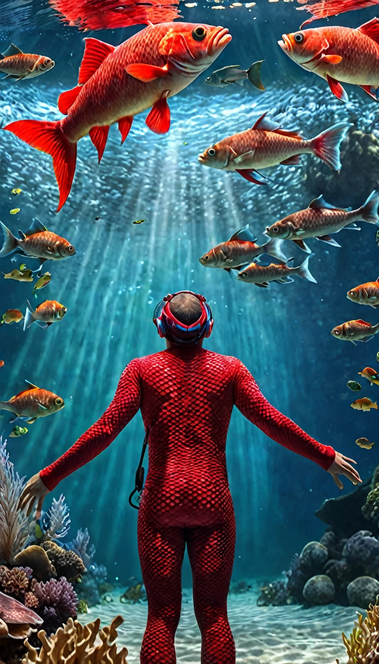 Panorama，A red fishman under the water，Human head fish body，Fish fins and tail（best quality，4K，8K，High level，masterpiece：1.2），Ultra Detailed，（lifelike，Photo real，Photo real：1.37），Highly detailed animals，Complex patterns，Realistic lighting，Fantasy Creatures