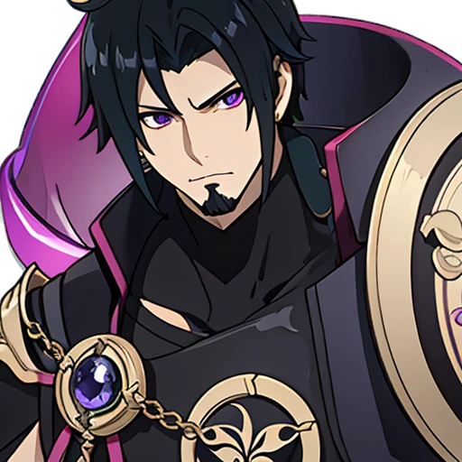 Full HD, best resolution, detalhes perfeitos, simply white background, impacto genshin muscular male character, unique character, Serious appearance, black suite, 小柄, wavy black hair, smoothing for behind, goatee, Visual novel, detailed black armor, high qualiy, cinematic, dramatic pose, details Intricate, swirly vibrant colors, work of art, impacto genshin, purple jewel on a golden coat of arms
