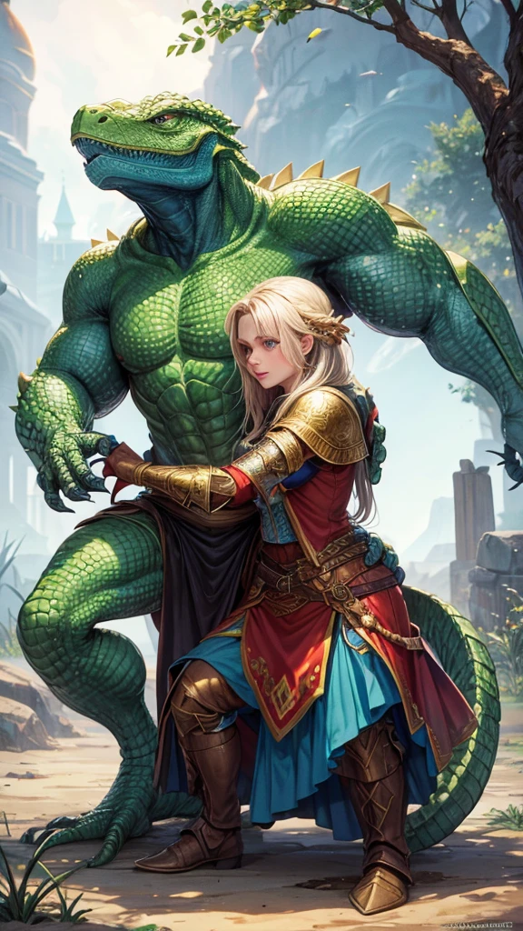 Russian warrior hugs a argonian lizard woman, beautiful lizard woman in a skirt, Russian knight, hero, love