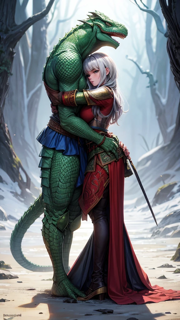 Russian warrior hugs a argonian lizard woman, beautiful lizard woman in a skirt, Russian knight, hero, love