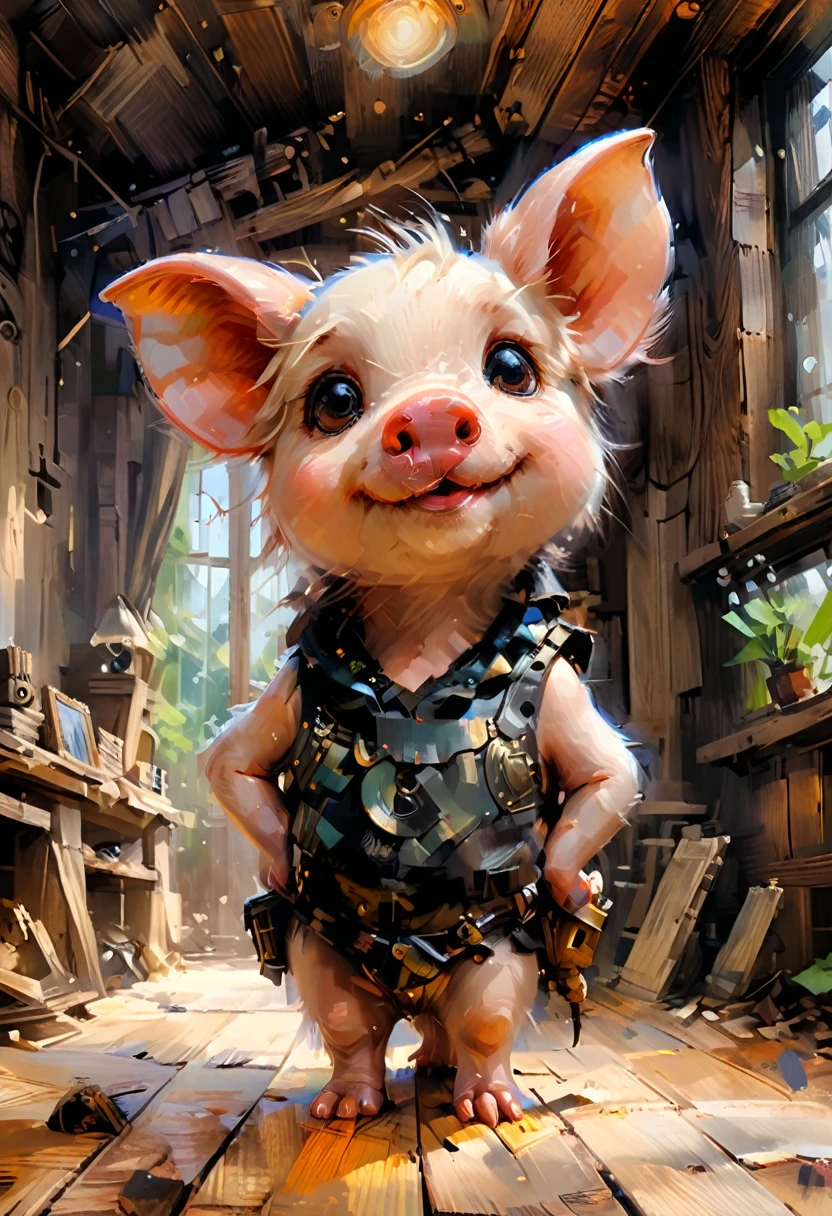 Masterpiece Illustration, high quality, high resolution 16k, a painting of a dady pig with a smile on it's face,(fisheye camera ) zhibi, funy cartoon, computer graphics, oil painting, little pig With big ears sitting on a wooden floor, trend in Art Station, playful smile, 🍁 cute, inspired by Ruben Tam, very cute facial features, , small in size, long pointed ears, artistic style Andre wallin