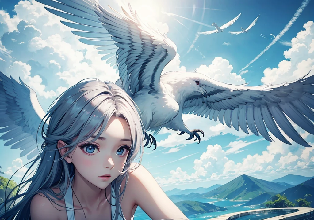 Dream concept, angle, beautiful face and wings, in cloudy atmosphere,