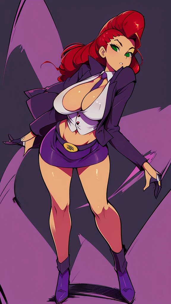 An attractive sexy hex girl with a big breast wears red hair, a tousled cut, her green eye, wears a purple button-down office coat and a long purple skirt with a black heel.