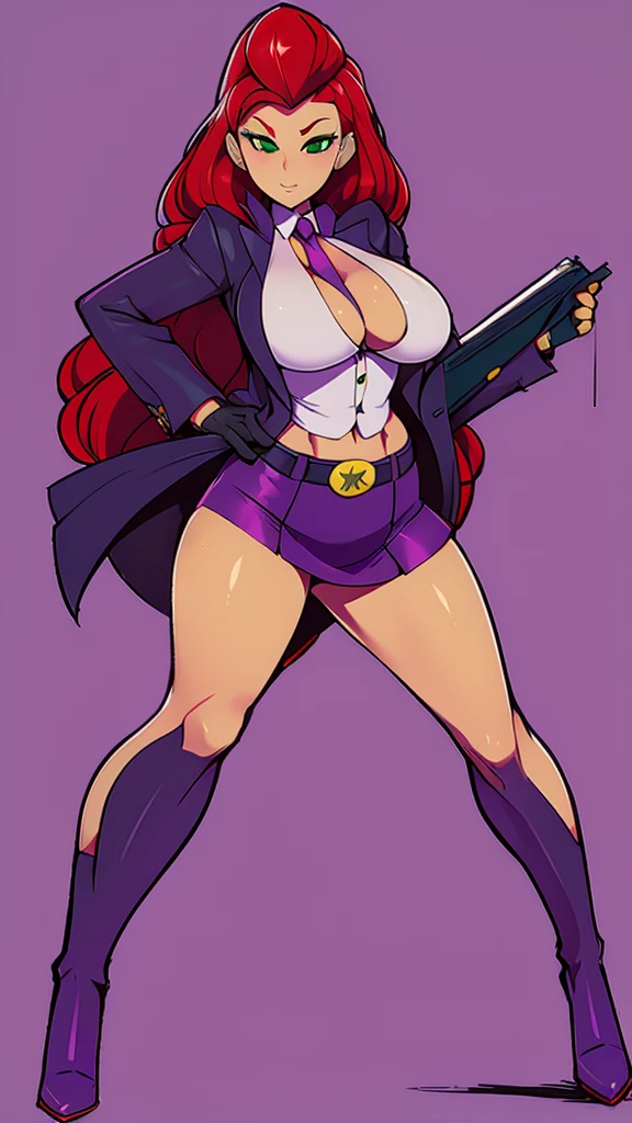 An attractive sexy hex girl with a big breast wears red hair, a tousled cut, her green eye, wears a purple button-down office coat and a long purple skirt with a black heel.