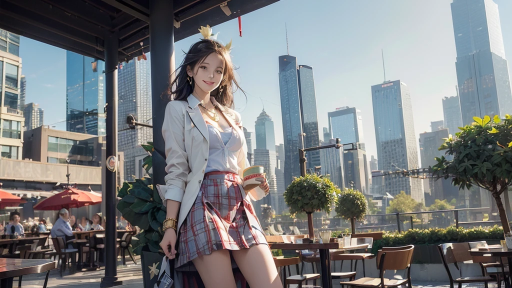 8K、RAW Photos、Highest quality、Super detailed、Super Resolution、Ultra HD、8K壁紙、Amazing details blazer uniform girl ((White blouse with formal collar, Blue Blazer,
Red Check Skirt, Red checkered ribbon on blouse)), Complete limbs, Full Finger,
((((((Starbucks outdoor cafe among skyscrapers))))))、(( female student))、( cake、Drink coffee、smile)))))、(((Heart Necklace、Gold bracelet)))
(((Emphasize cleavage)))
(((((Ferrari 488)))))
((((Full body photo、The whole body is visible、Full body portrait))))
